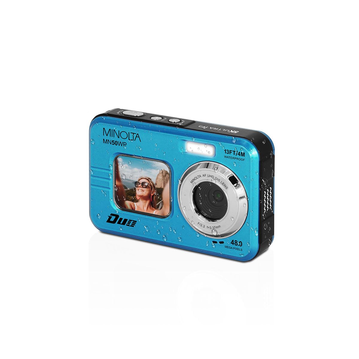Minolta MN50WP front view showing blue body and included accessories benefit ready-to-shoot