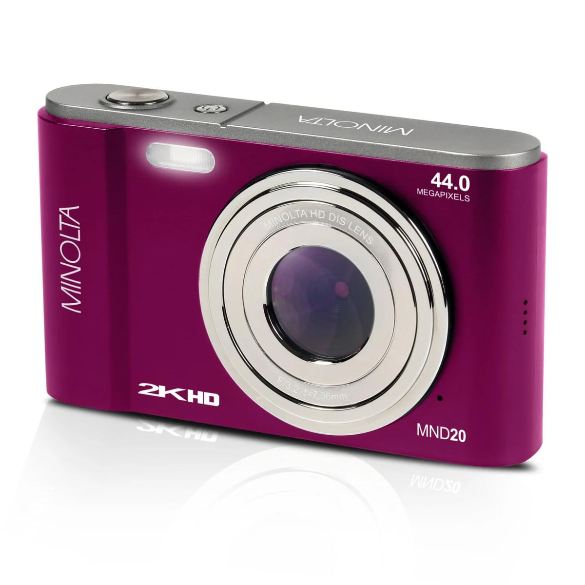 Minolta MND20 camera front view highlights portability for travel and everyday shooting.