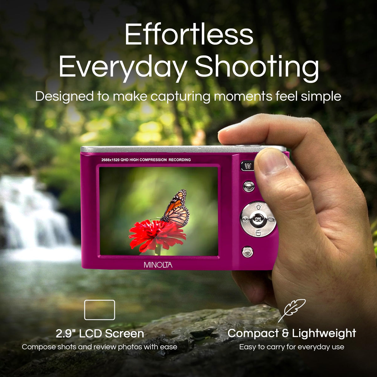 Minolta MND20 2.7K video recording emphasizes sharp, cinematic clips on the go.