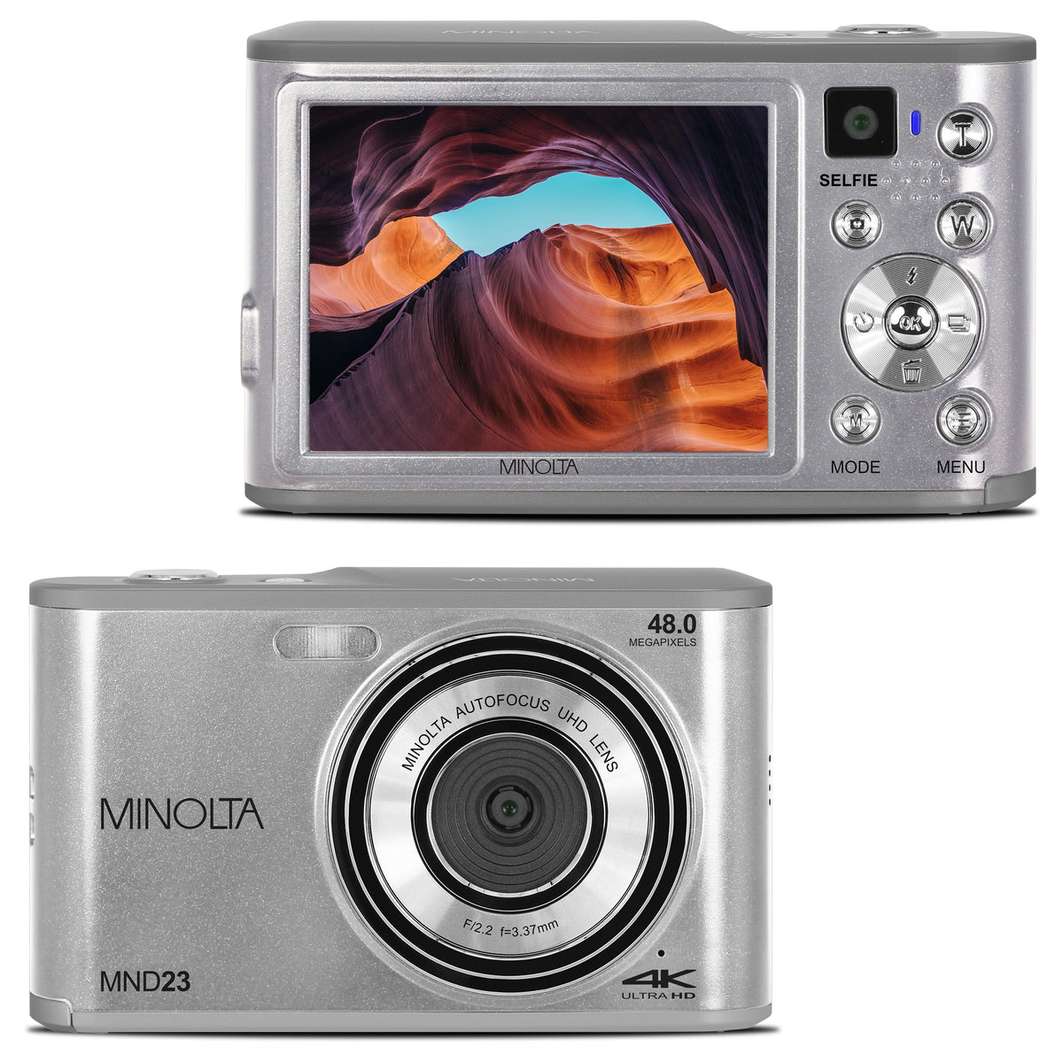 Minolta MND23 front view, compact travel camera for everyday capture.