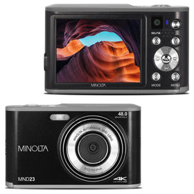 Minolta MND23 front view shows a compact, travel-ready camera