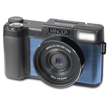 Minolta MND30 180-degree LCD screen for easy selfies and vlogs on the go.