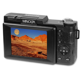 Minolta kit accessories laid out including battery, pouch and cables for convenience