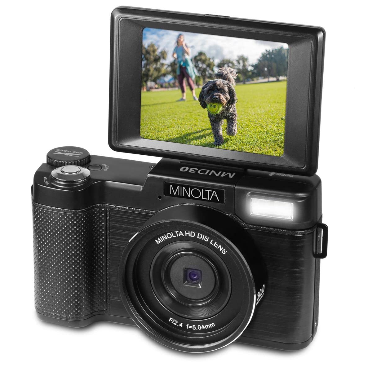 Minolta rotated 180° LCD screen framing a selfie for easy vlogging