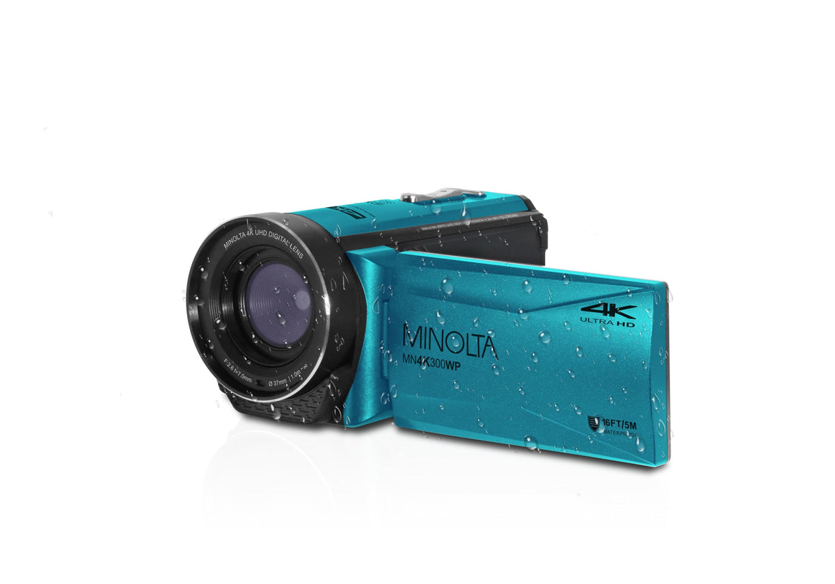 Minolta MN4K300WP waterproof camcorder captures 4K Ultra HD video for underwater adventures.