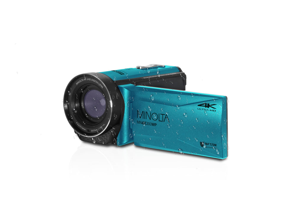 Minolta MN4K300WP waterproof camcorder captures 4K Ultra HD video for underwater adventures.