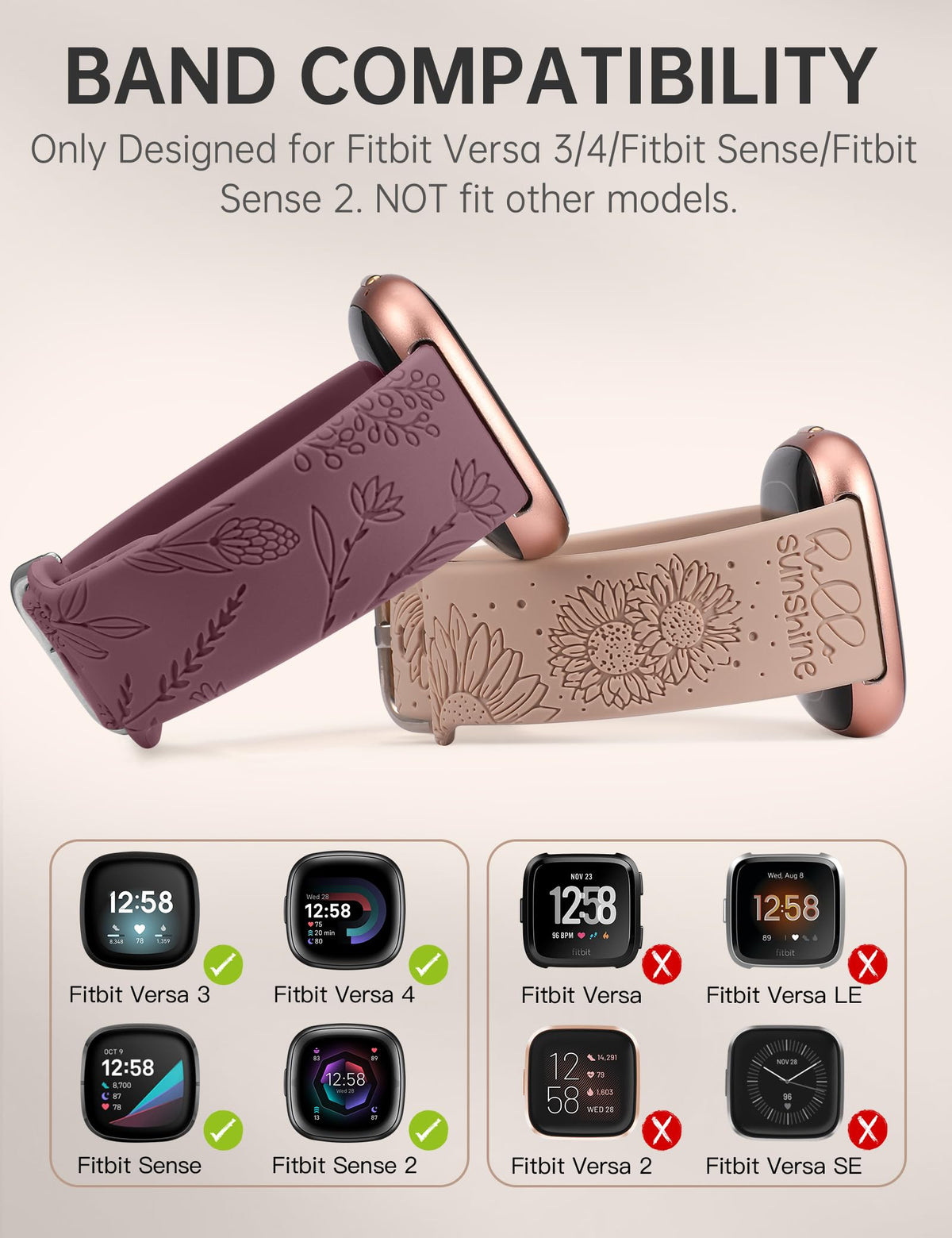 Minyee dandelion and sunflower band for Versa 3 with crisp, long-lasting engraving.