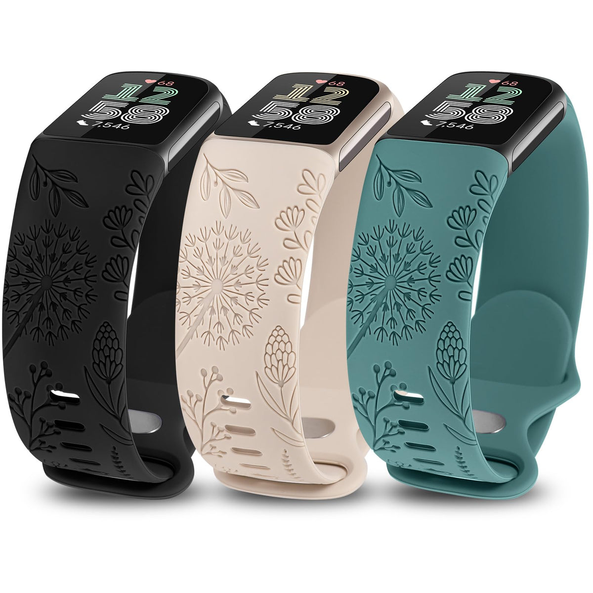 Minyee floral engraved band closeup with dandelion pattern for Fitbit Charge 6.