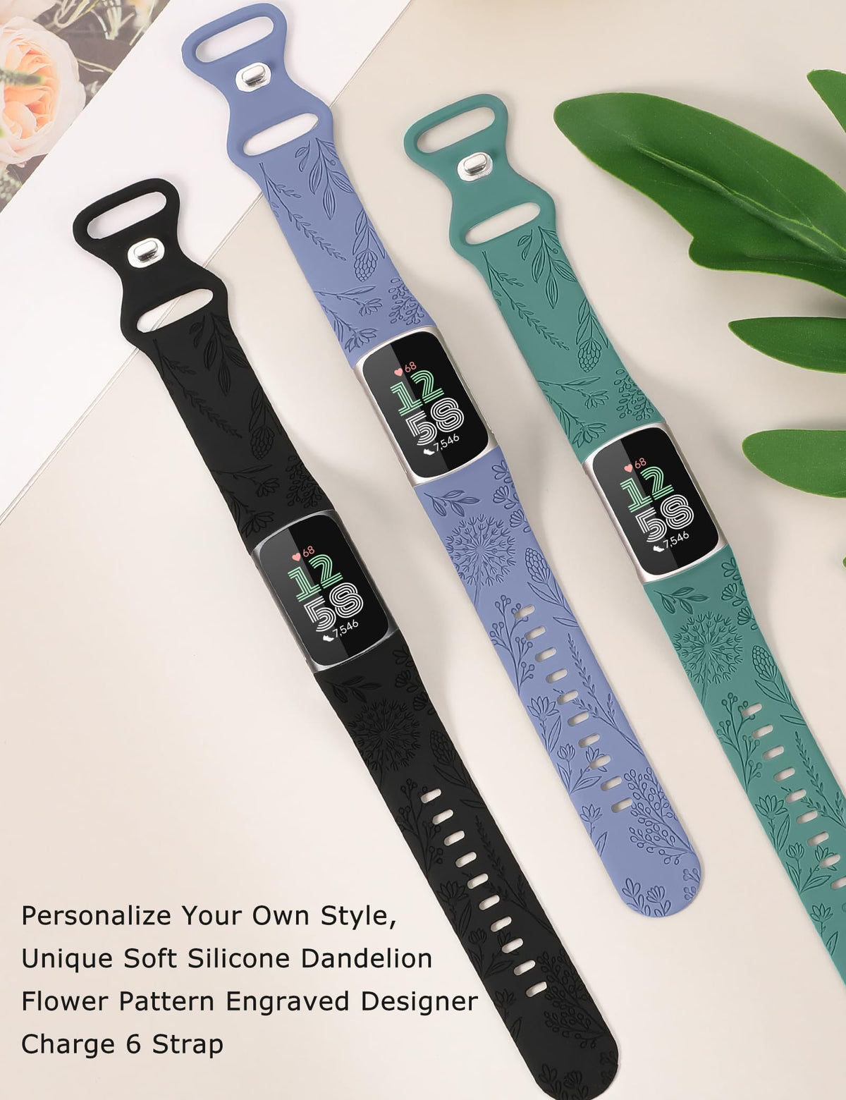 Minyee floral engraved band for Charge 6 with dandelion pattern—elegant daily wear.