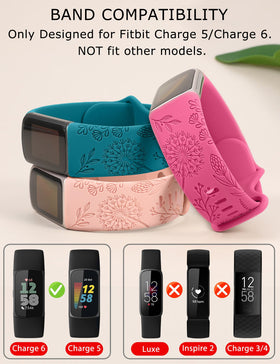 Minyee teal engraved band for Fitbit Charge 6, durable silicone with vibrant summer look