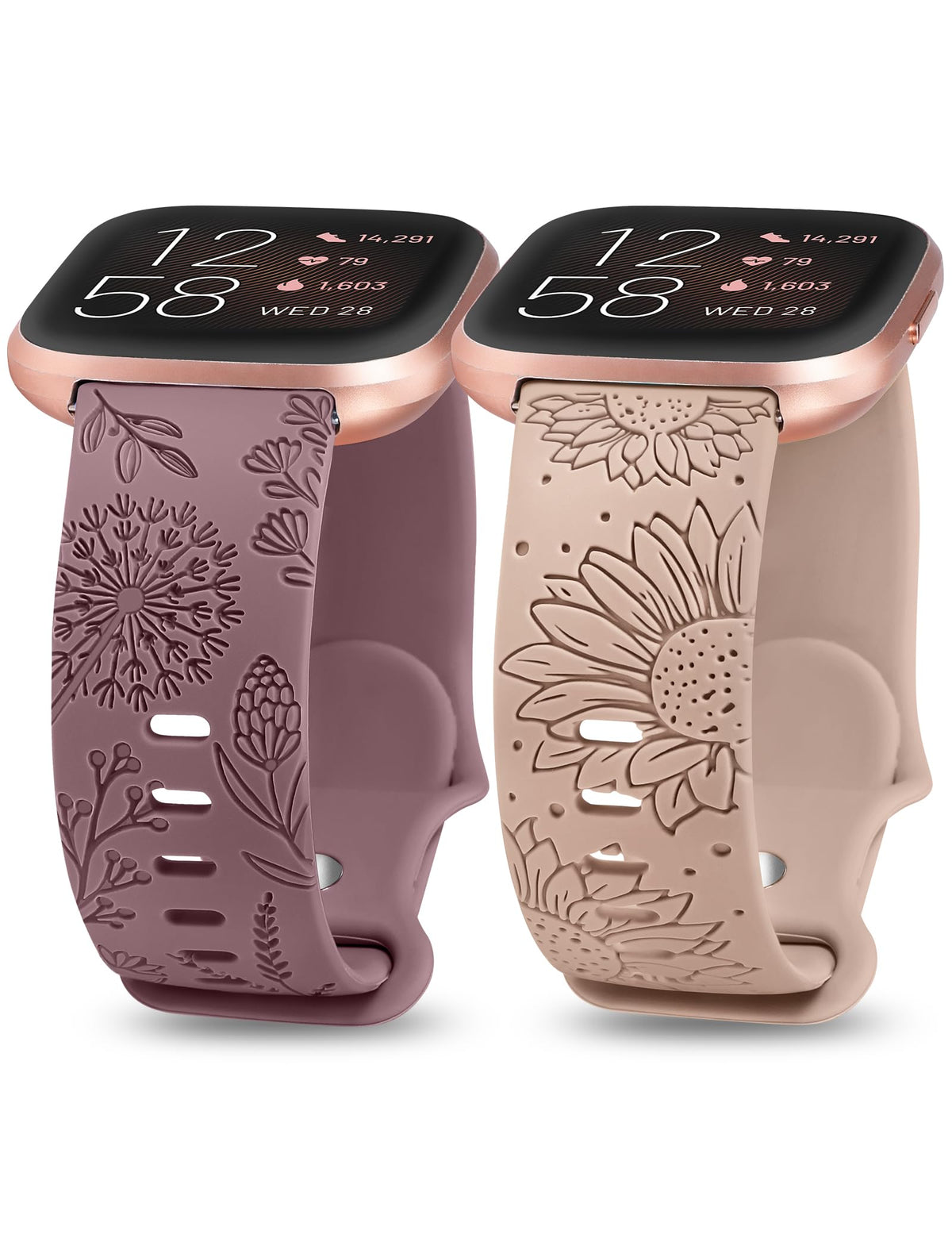 Minyee floral engraved Versa 2 band with sunflower and dandelion design for daily wear.
