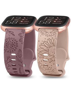 Minyee floral engraved Versa 2 band with sunflower and dandelion design for daily wear.