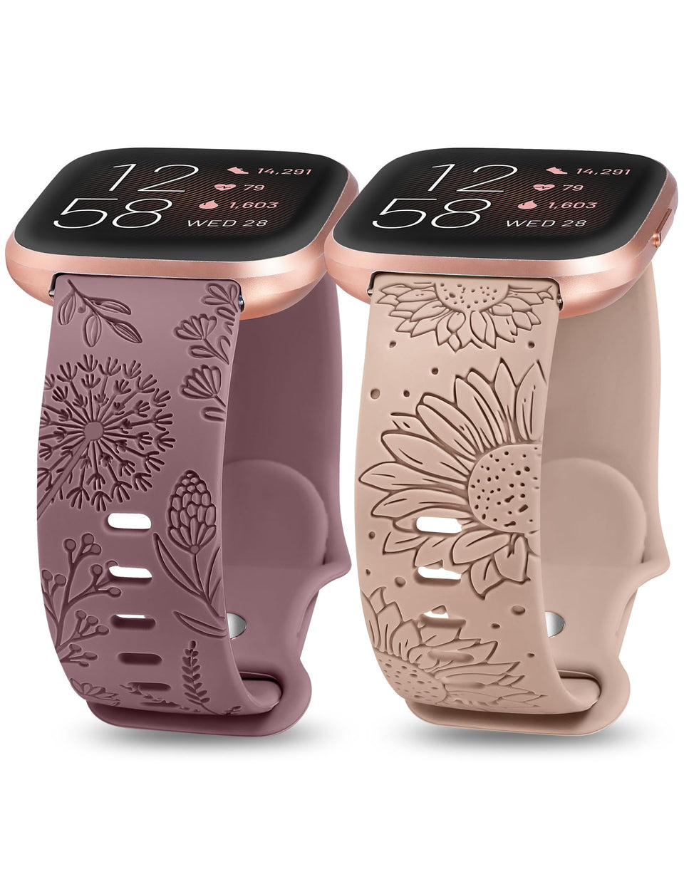 Minyee floral engraved Versa 2 band with sunflower and dandelion design for daily wear.