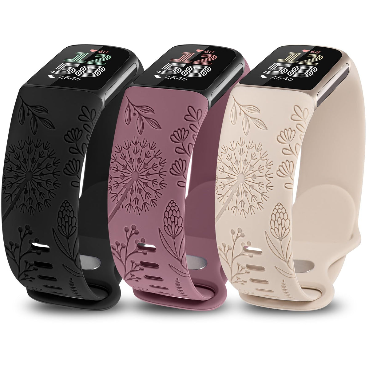 Minyee floral engraved Charge 6 band front view with soft silicone and dandelion pattern