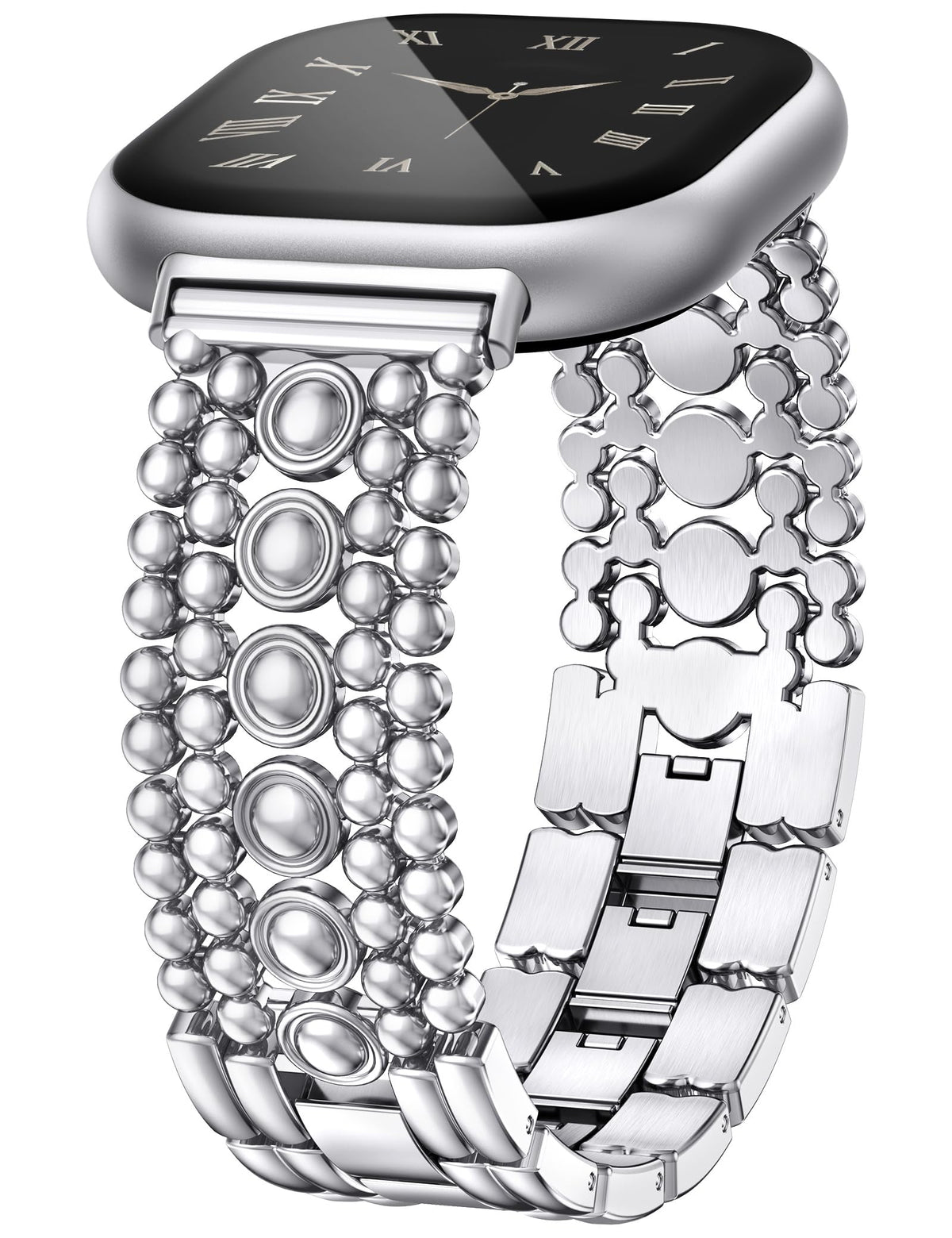 Minyee Versa 4 silver studded-link band for a sleek dressy look and all-day wear