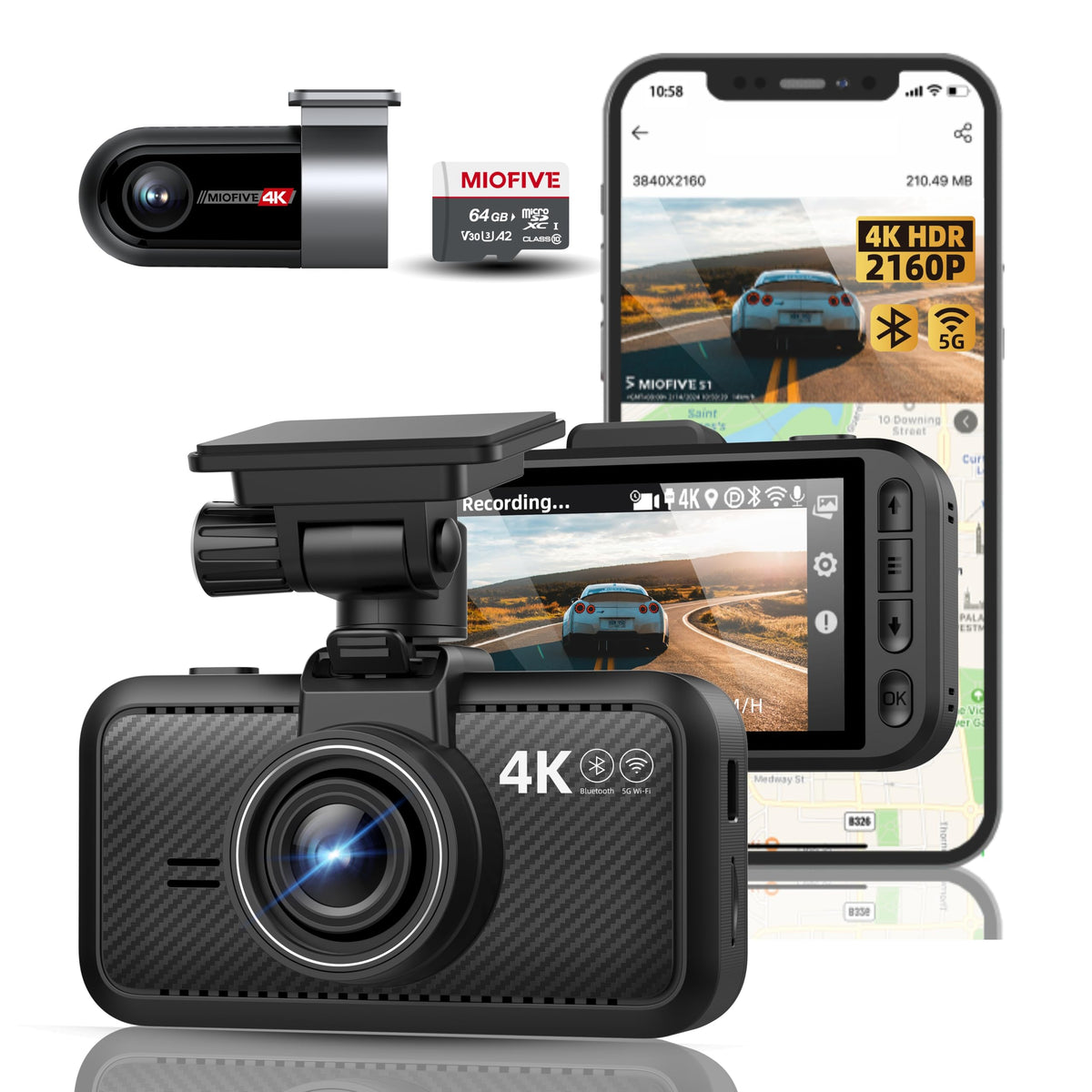 Miofive dash cam front 4K view captures clear daytime footage for records