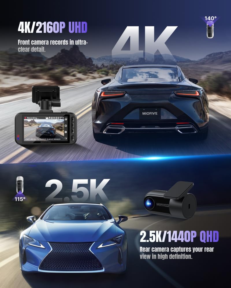 Miofive dashcam rear 2.5K with 115° angle captures clear rear coverage and license plates