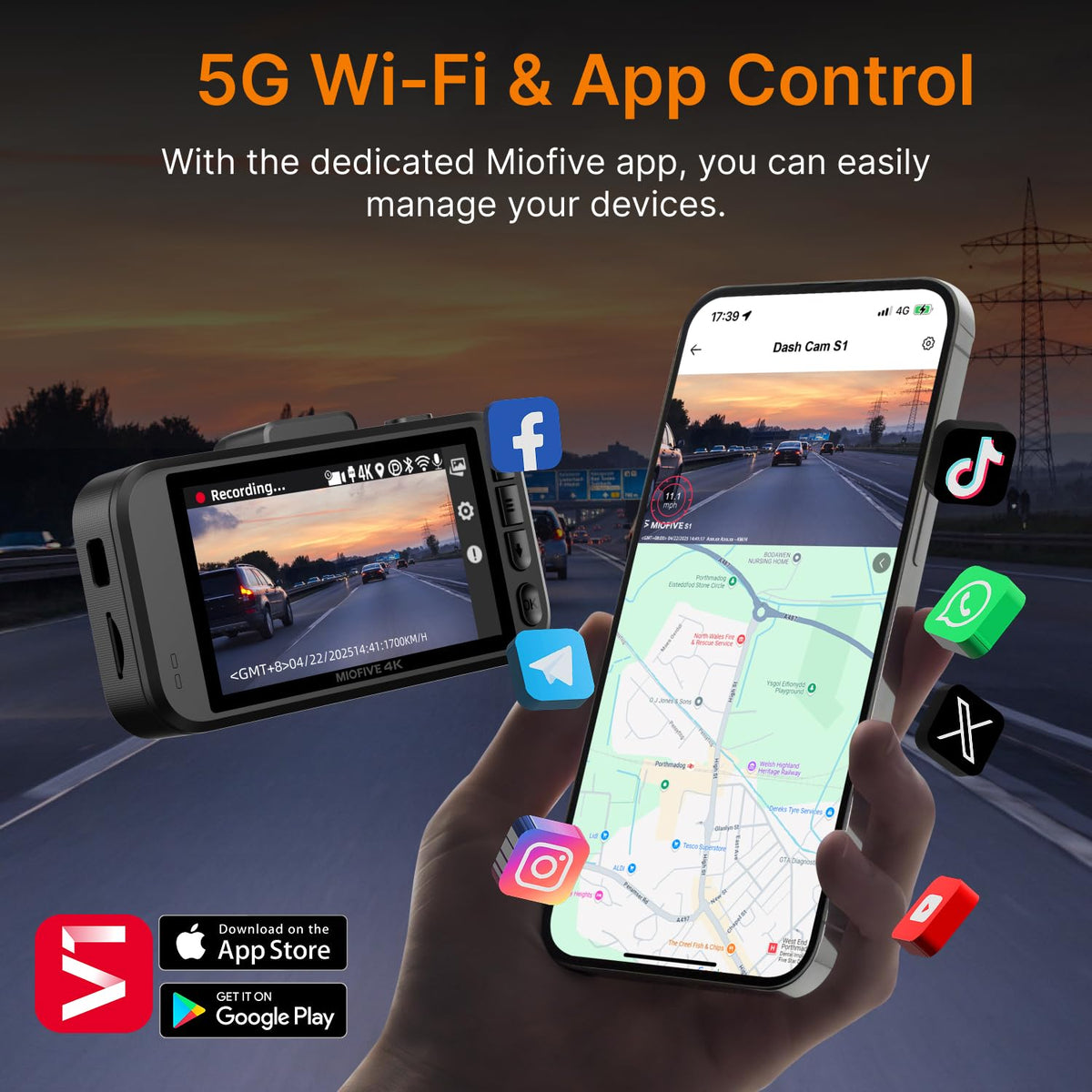 Miofive S1 built-in GPS logs speed and route data