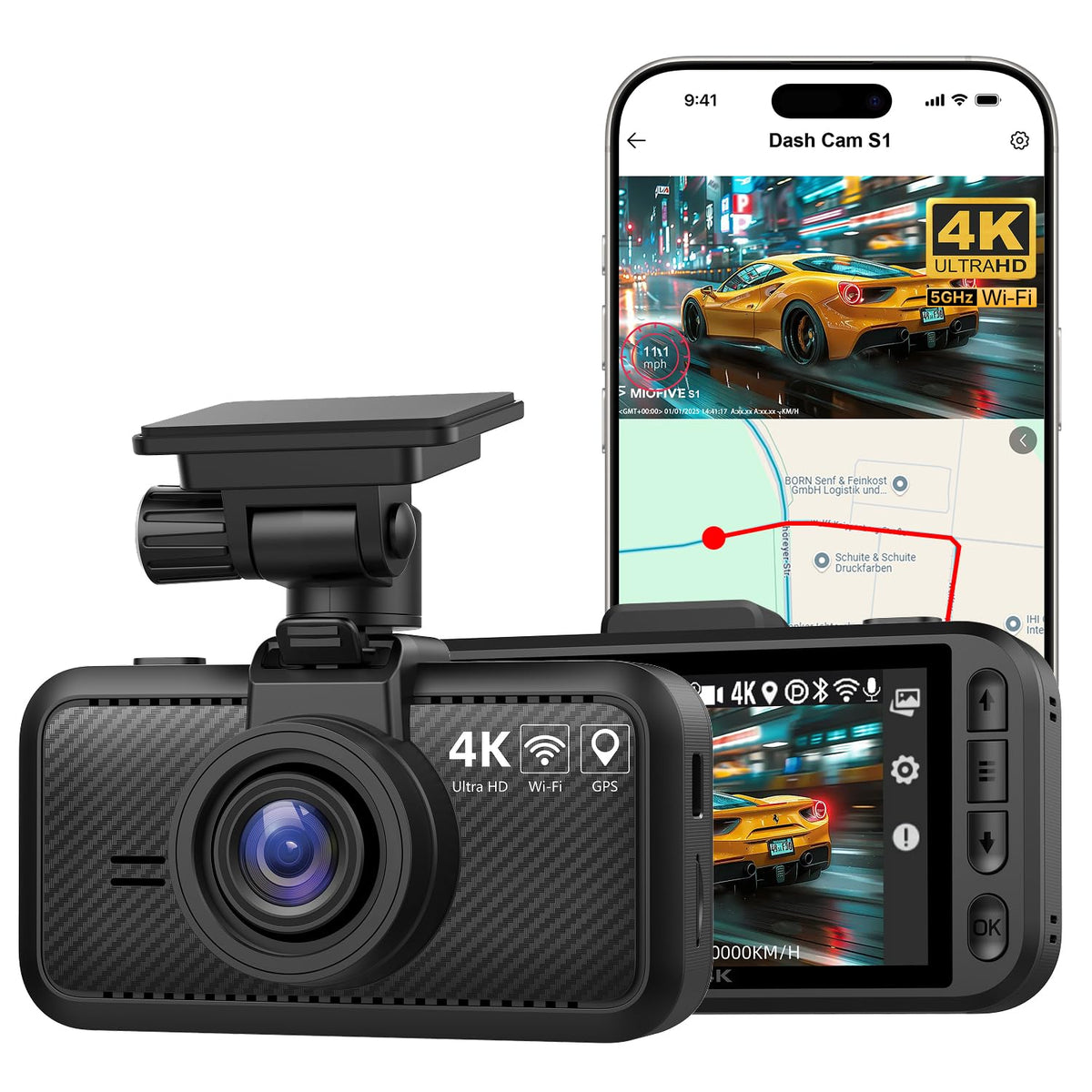 Miofive S1 front dash cam in 4K clarity for crisp road footage