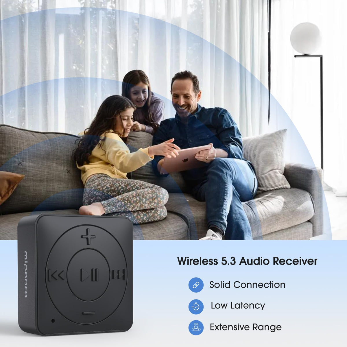 MIPEACE adapter connected to car stereo for wireless listening