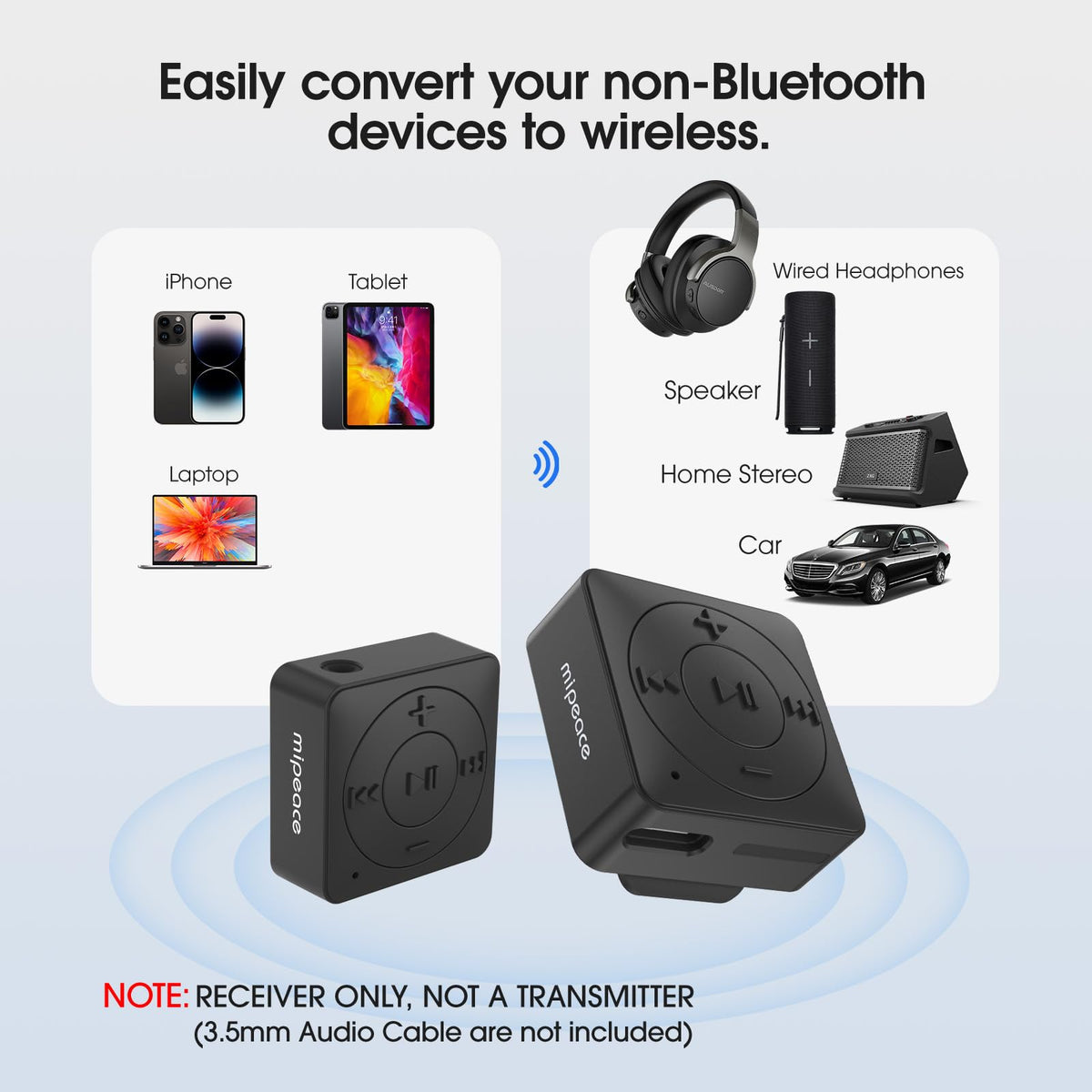 Close-up of MIPEACE adapter with built-in mic for clear hands-free calls
