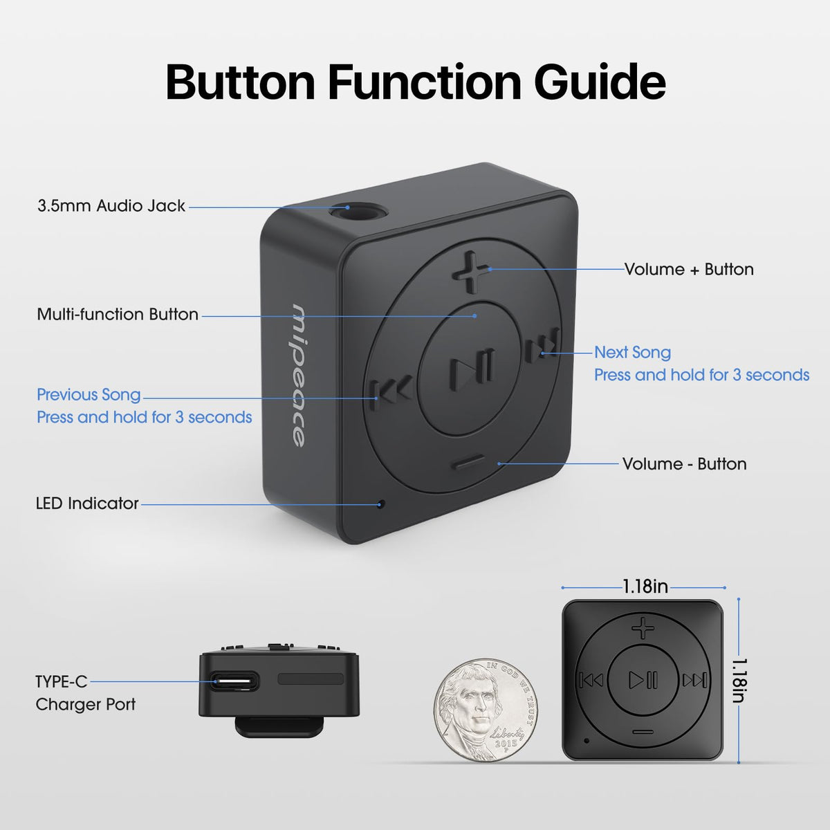 Compact design of MIPEACE Bluetooth adapter for easy travel