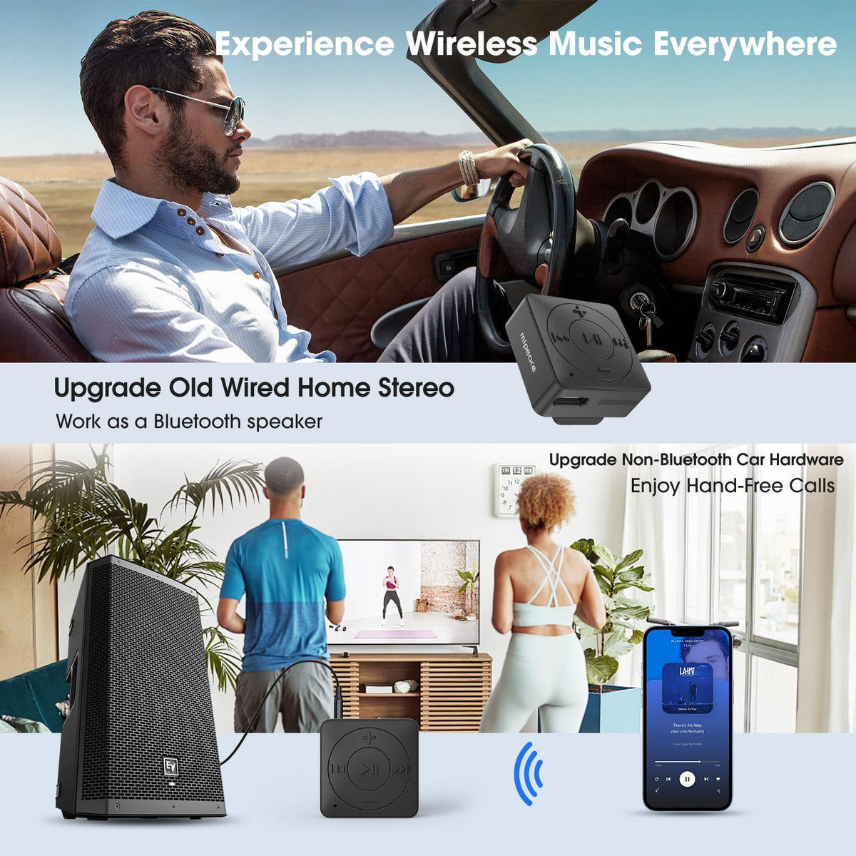 MIPEACE adapter in use with home audio speakers for wireless music