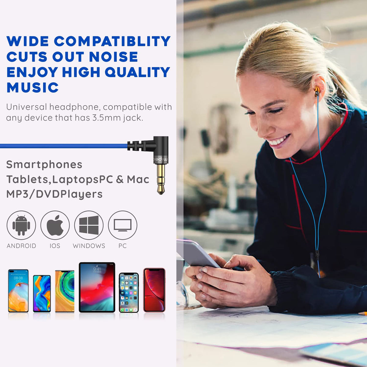 MIPEACE ear plug headphones with 3-5mm jack compatibility for devices.