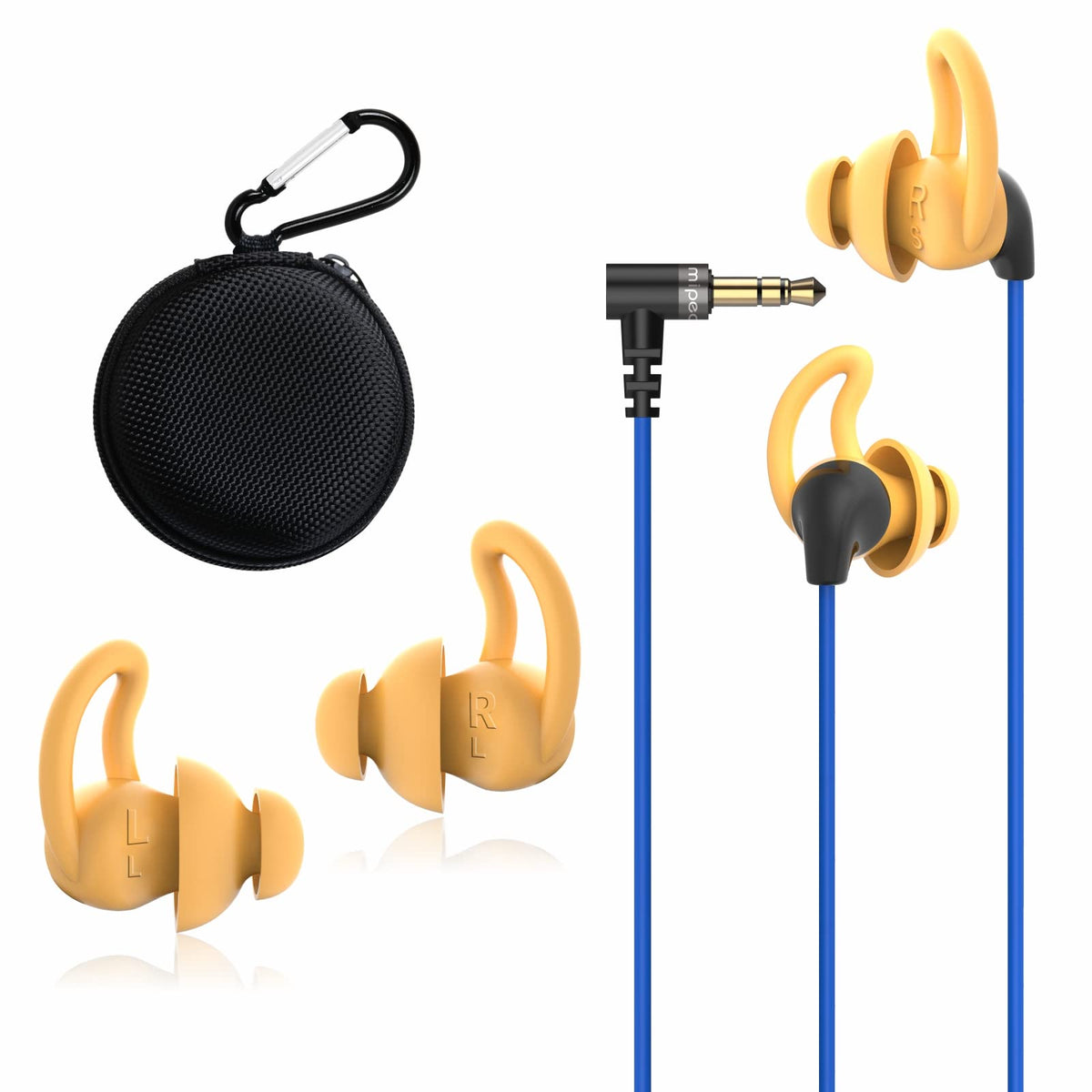 MIPEACE ear plug headphones close-up showing custom-fit silicone tips for comfortable wear.