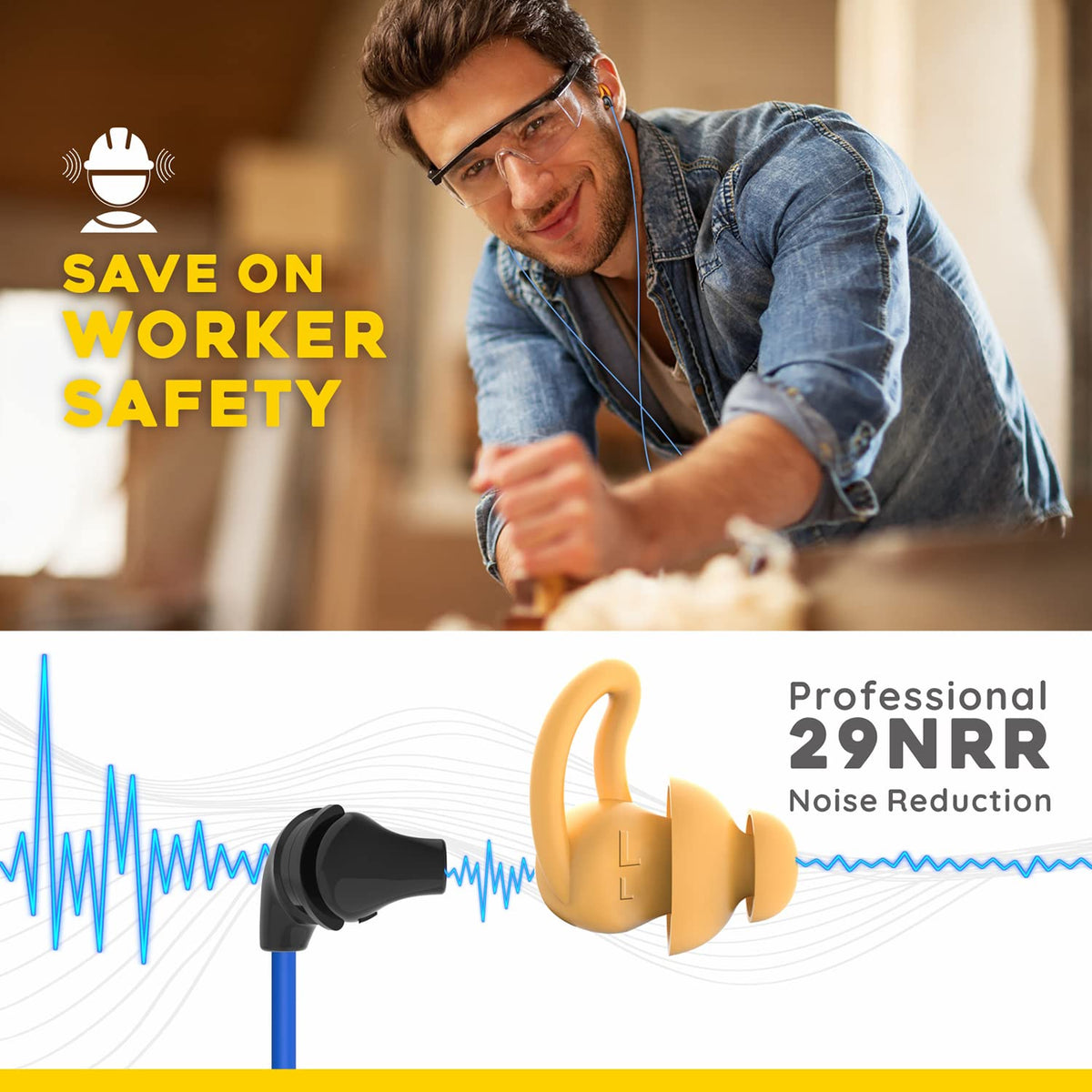 MIPEACE ear plug headphones demonstrate 29 dB noise reduction in a noisy work site.