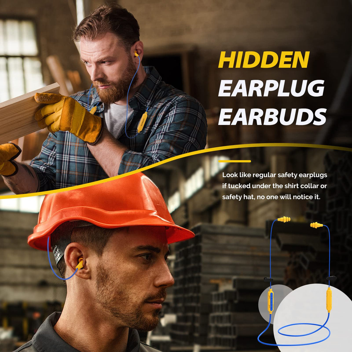 MIPEACE earbuds worn under a work helmet showing discreet protection