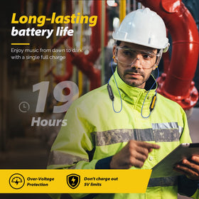 MIPEACE earbuds worn under helmet illustrating low-profile safety use