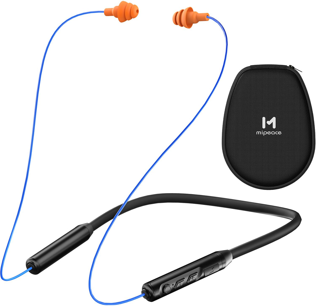 MIPEACE front view neckband earbuds showing blue orange finish and lightweight design for comfort