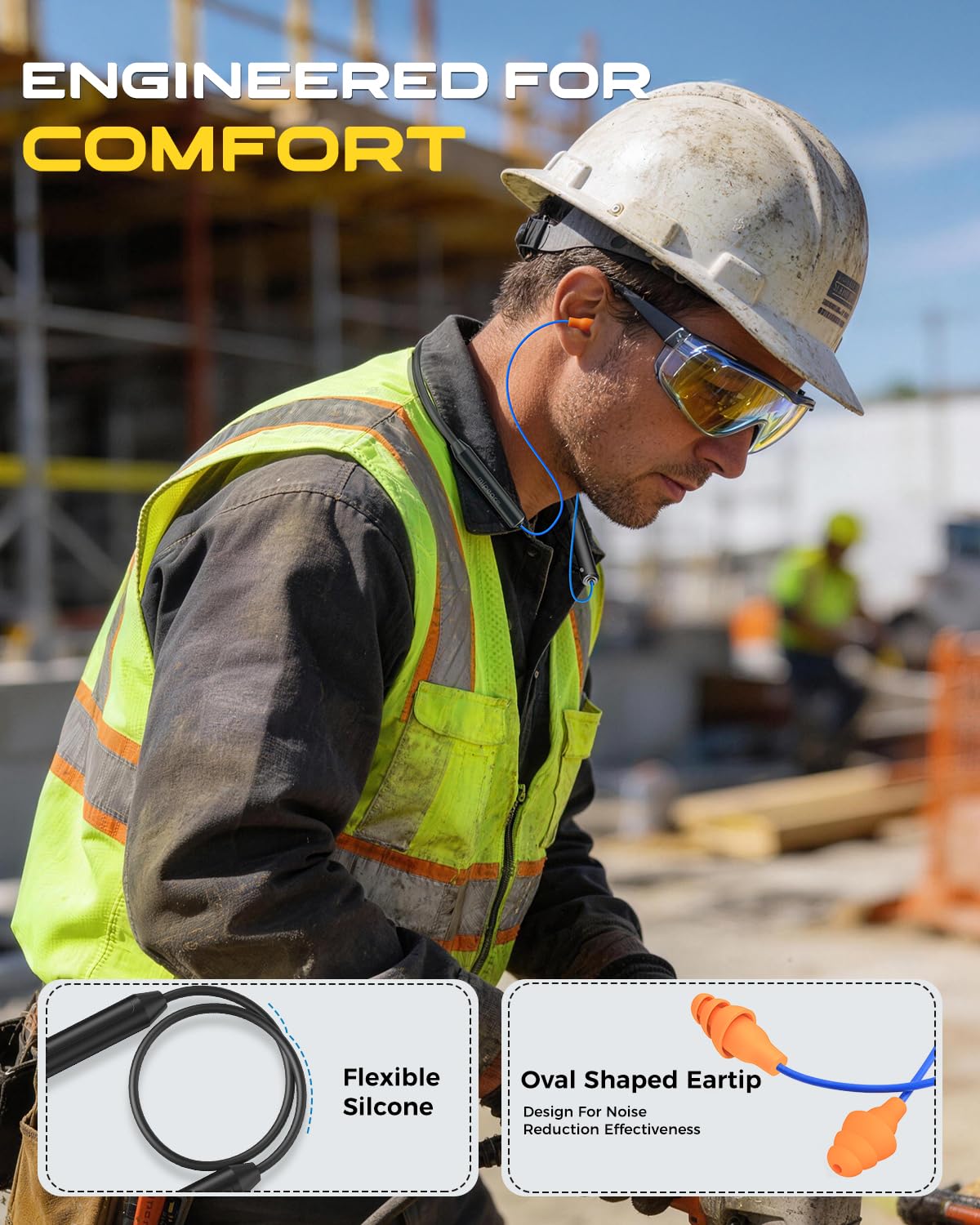 MIPEACE earbuds worn by a construction worker showing hearing protection and Bluetooth connectivity