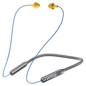 MIPEACE neckband front view showing slim gray design and earplugs for comfortable wear