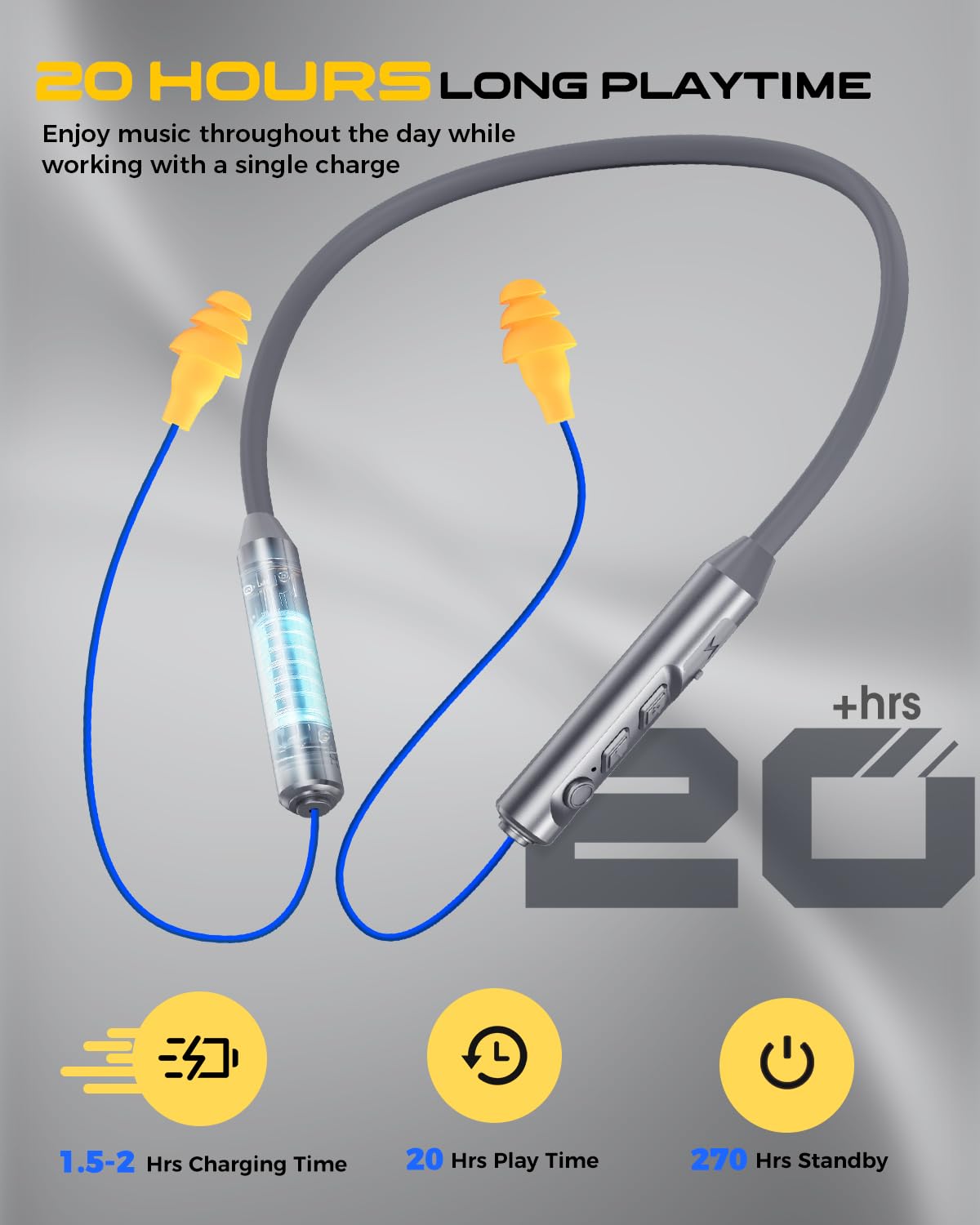 MIPEACE earplugs in hand for size and scale, illustrating portable lightweight 30 g neckband