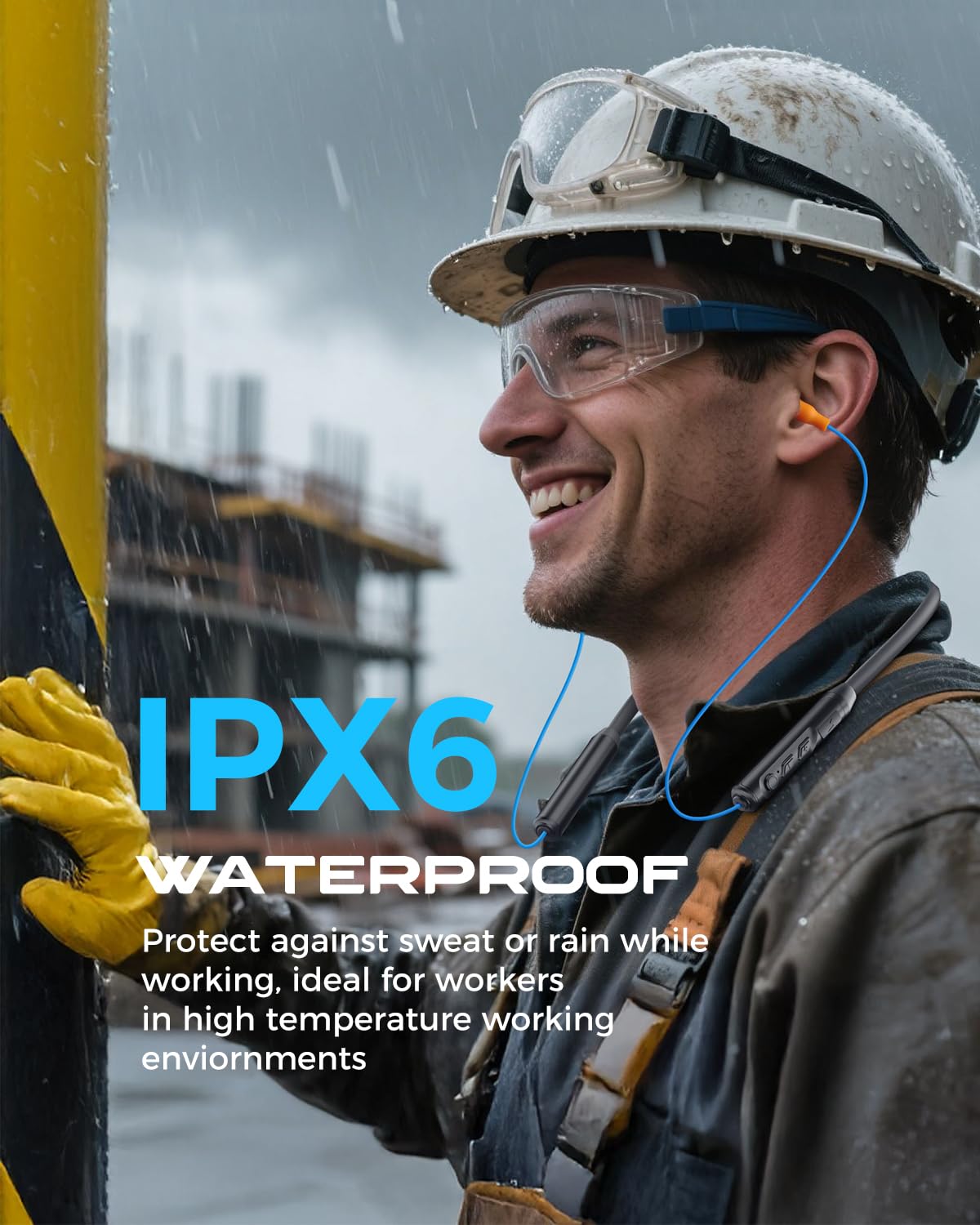 MIPEACE earbuds with water splashes illustrating IPX6 sweatproof durability for tough environments