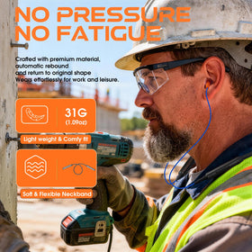 MIPEACE earbuds in use while mowing lawn showing protection and hands-free audio benefit
