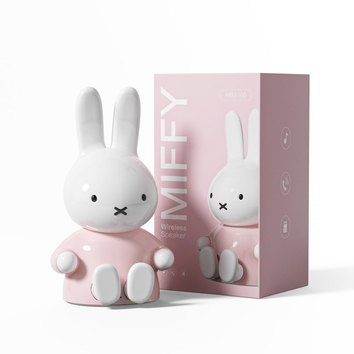 MIPOW Miffy pink Bluetooth speaker on a desk, portable and stylish