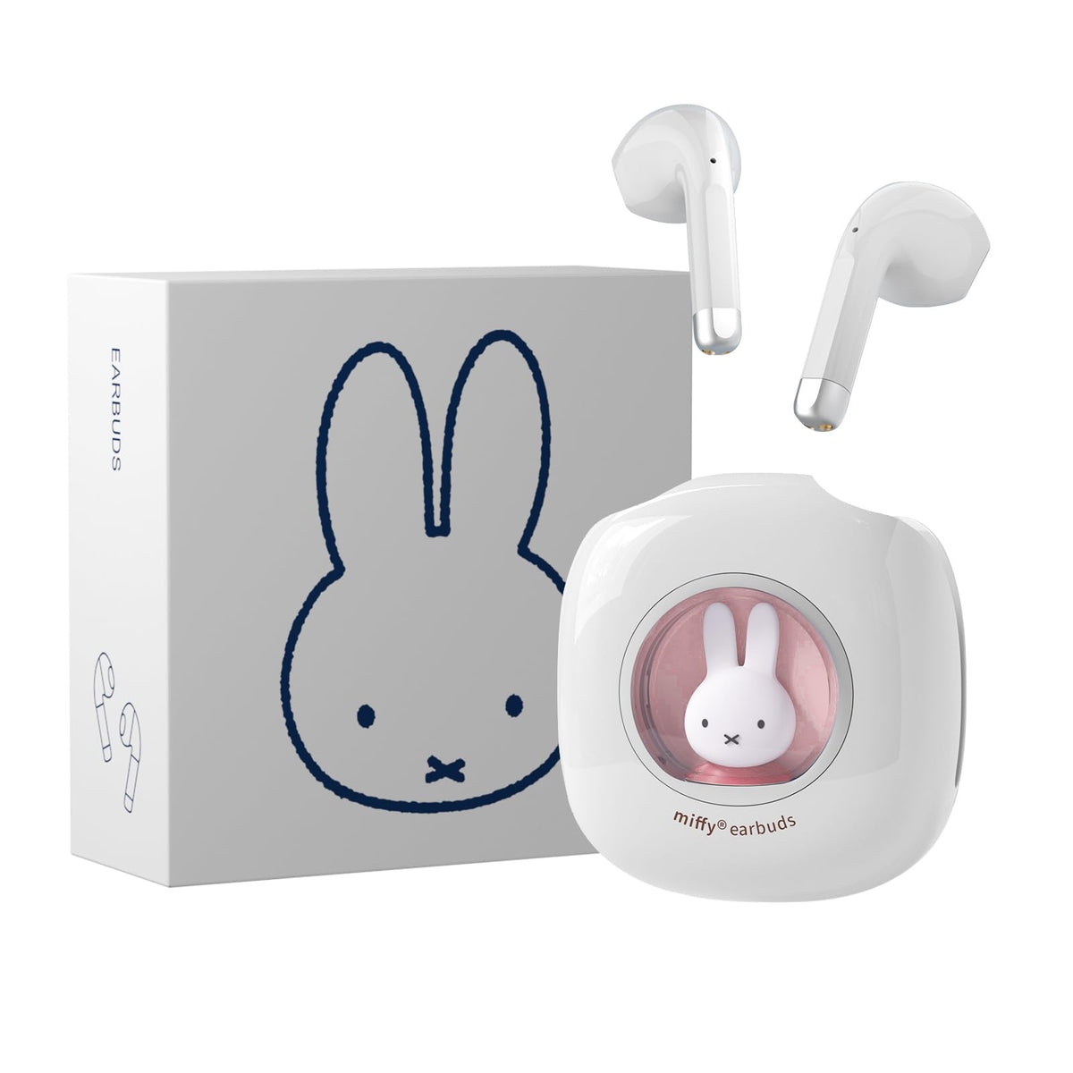 MIPOW Miffy front charging case in pink showing LED lights and quick access - playful convenience
