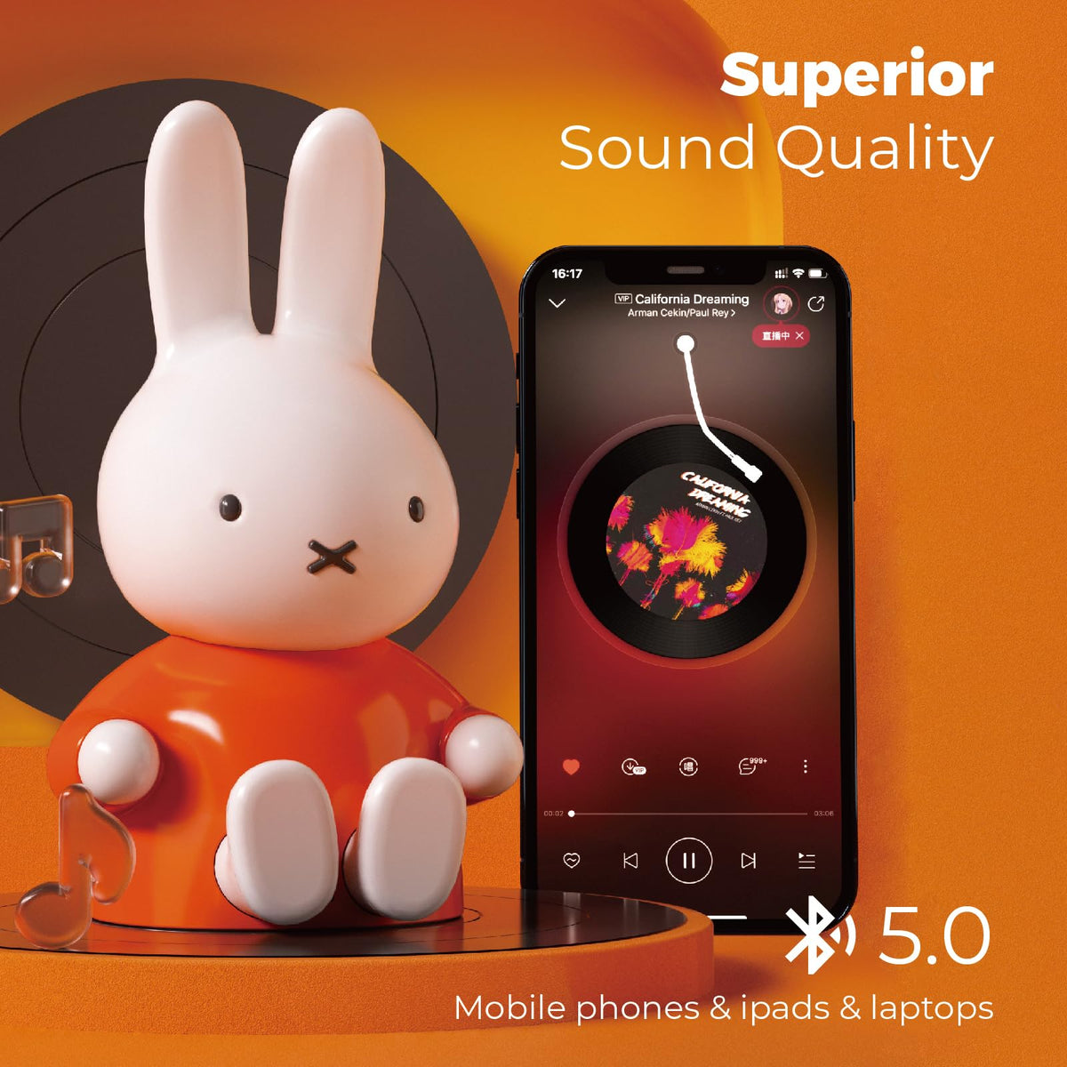 MIPOW Miffy speaker legs extended to serve as a phone stand