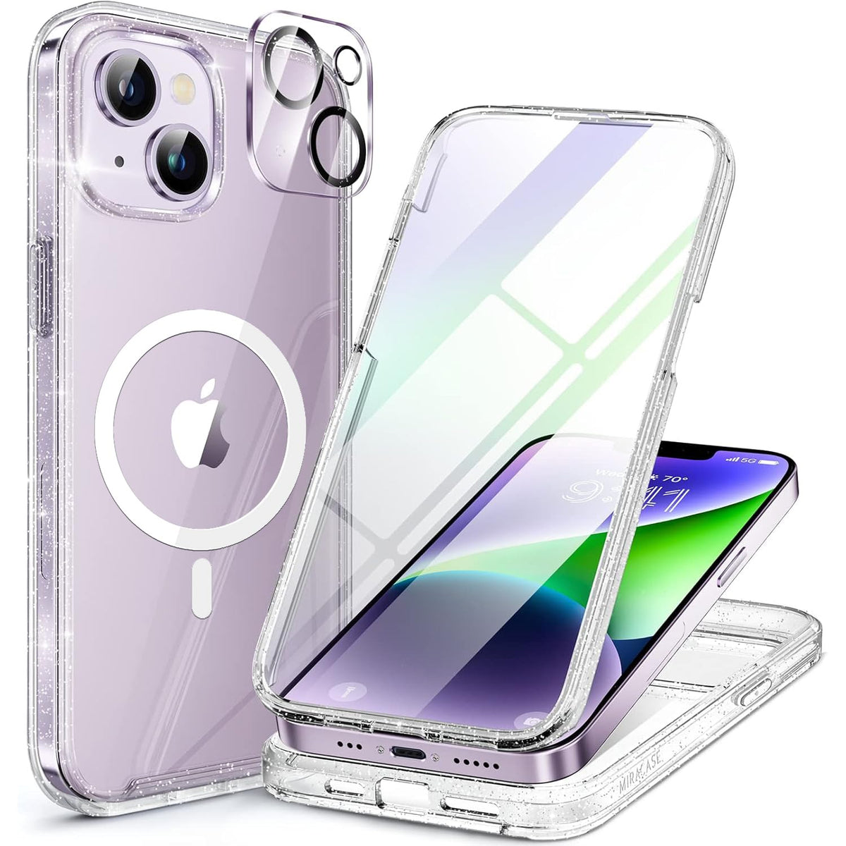 Miracase front view showing full‑body protection and clear glitter finish benefit: shows phone design