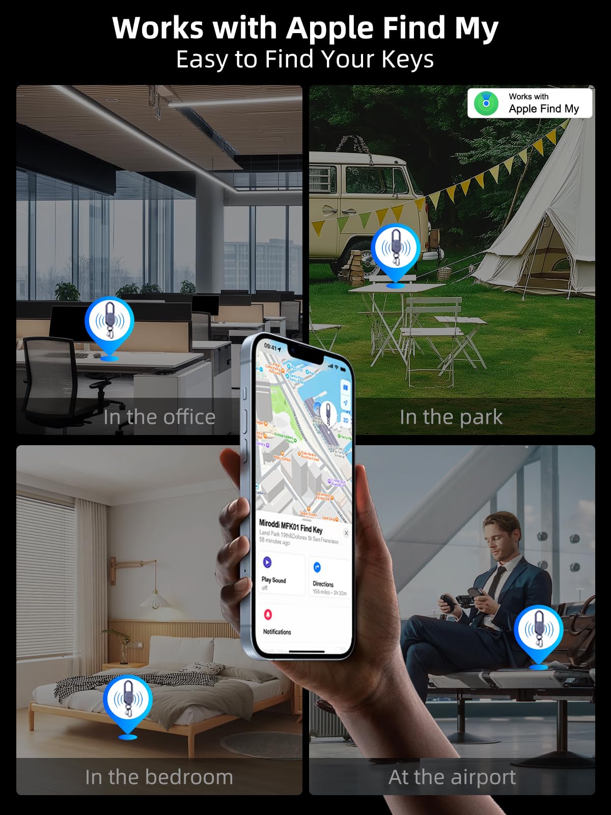 Miroddi Find My iOS integration demonstrates seamless iPhone pairing for fast key tracking