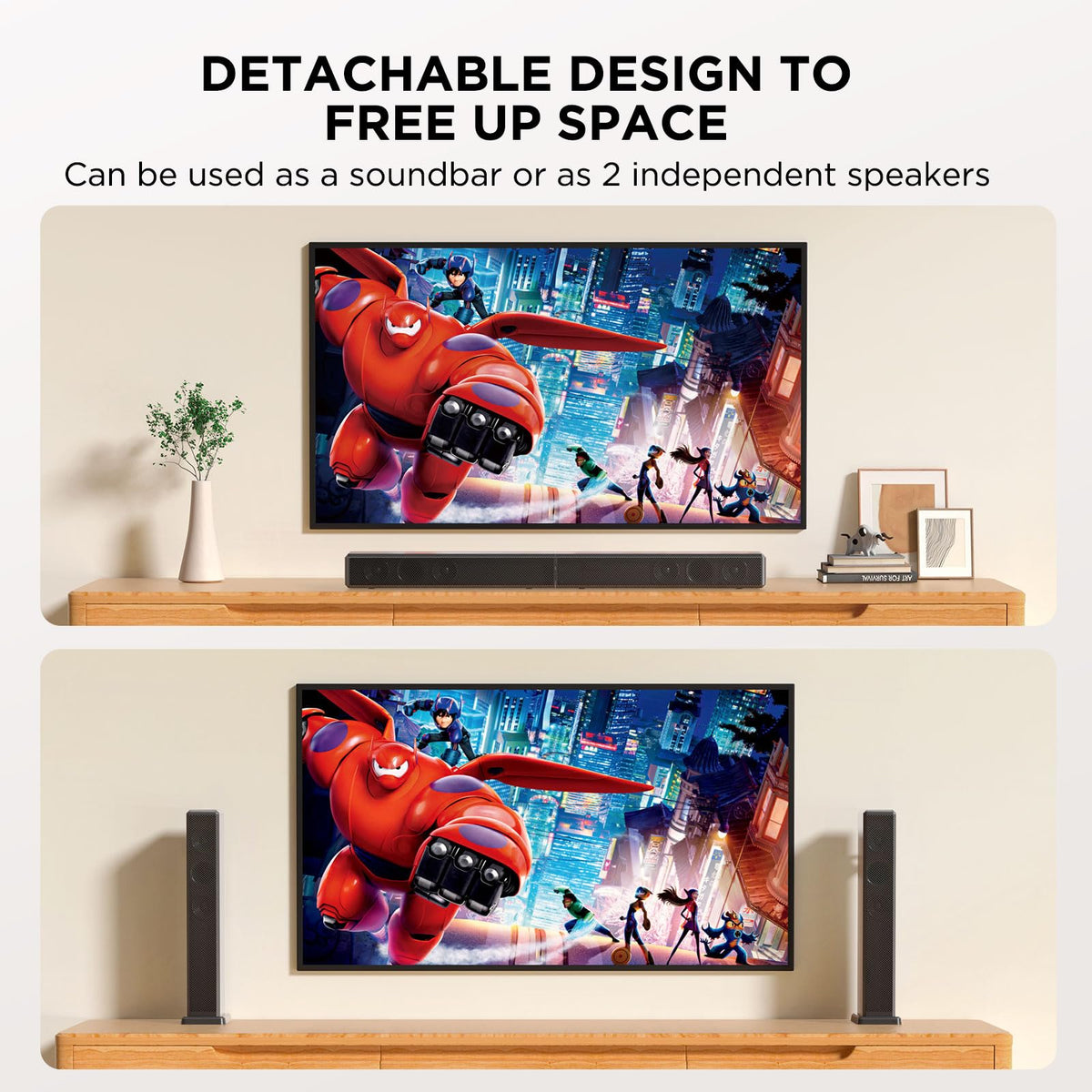 Miroir 2.0ch 100W soundbar detachable design shown as two units