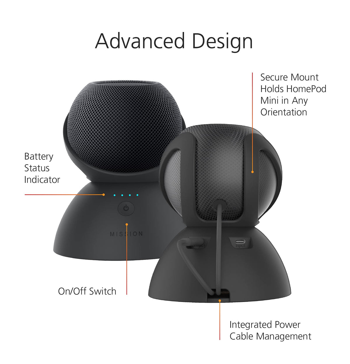 Mission Cables base with HomePod Mini in use illustrating cordless listening freedom