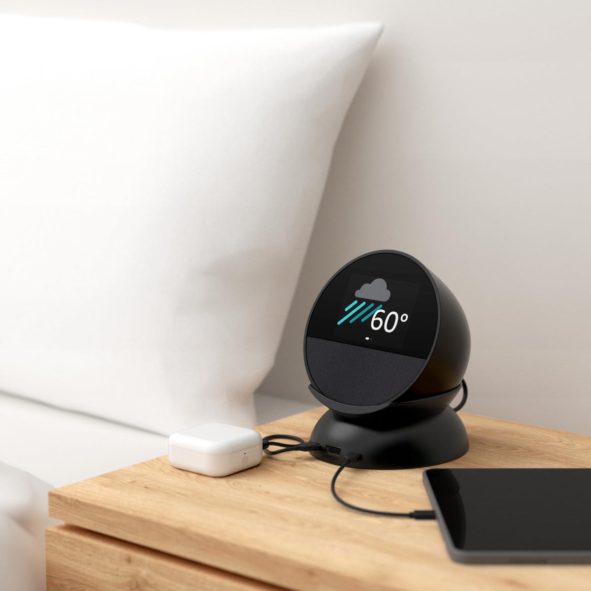 Mission Cables charcoal stand on nightstand with phone charging, reduces clutter