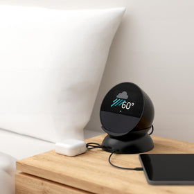 Mission Cables charcoal stand on nightstand with phone charging, reduces clutter