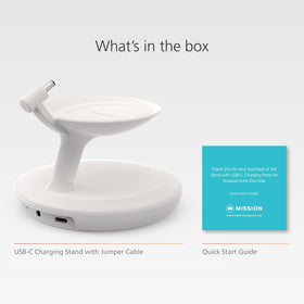Mission Cables Glacier White stand on a bedside table showing tidy charging benefit