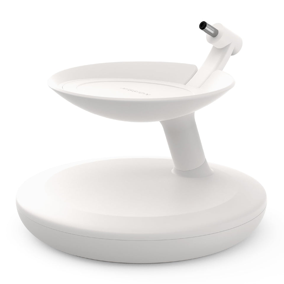 Mission Cables front view of stand with Echo Dot Max showing neat charging benefit