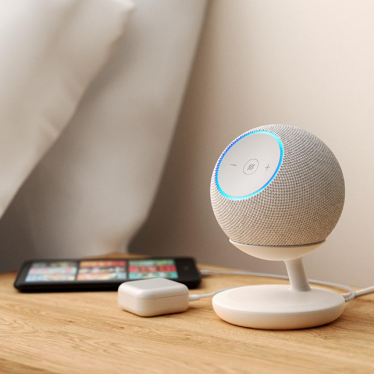 Mission Cables stand powering Echo Dot Max while charging phone for clutter‑free benefit